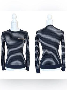 Banana Republic HELLO WEEKEND Silk Cashmere Sweater ~ Navy Blue w/ White Stripes